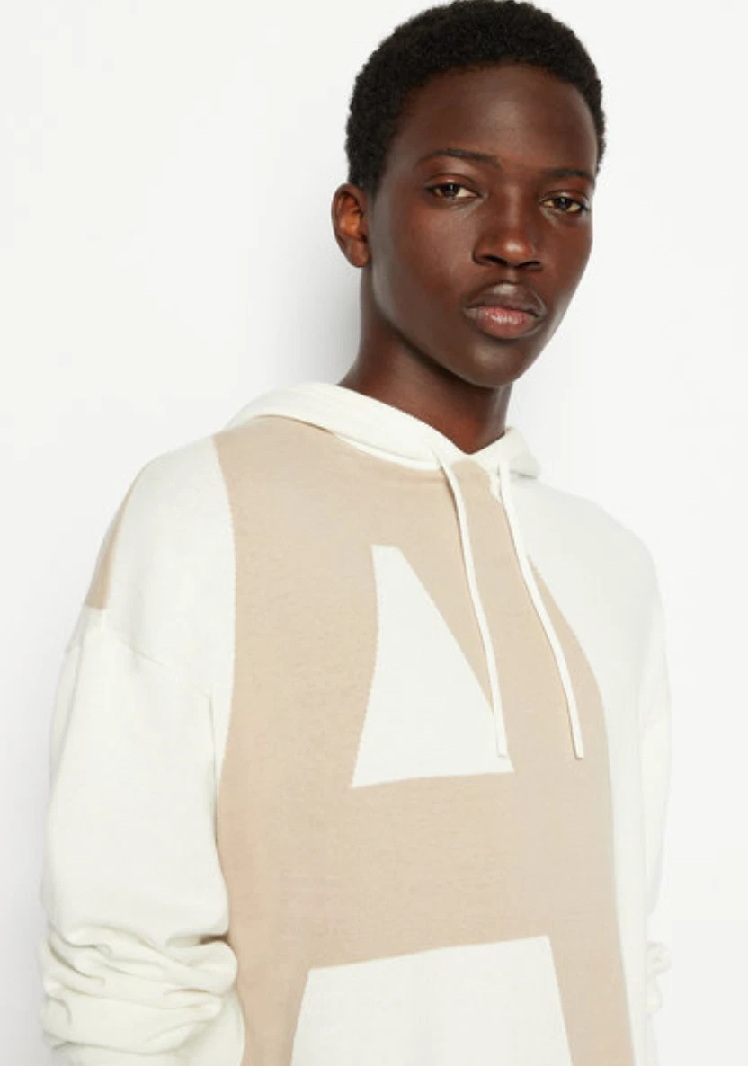 OFF WHITE Maglione con cappuccio A X Armani Exchange uomo logo ascia taglia L