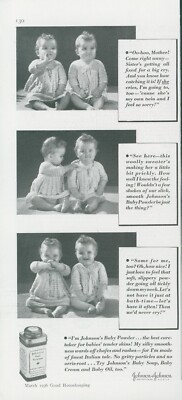 1936 Johnsons Baby Powder Twins Baby Girls Sweaters No Cry Vintage Print Ad GH1