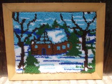 Vtg Brown Cabin Completed Latch Hook Rug/Wall Hanging-Frame NOT Incl