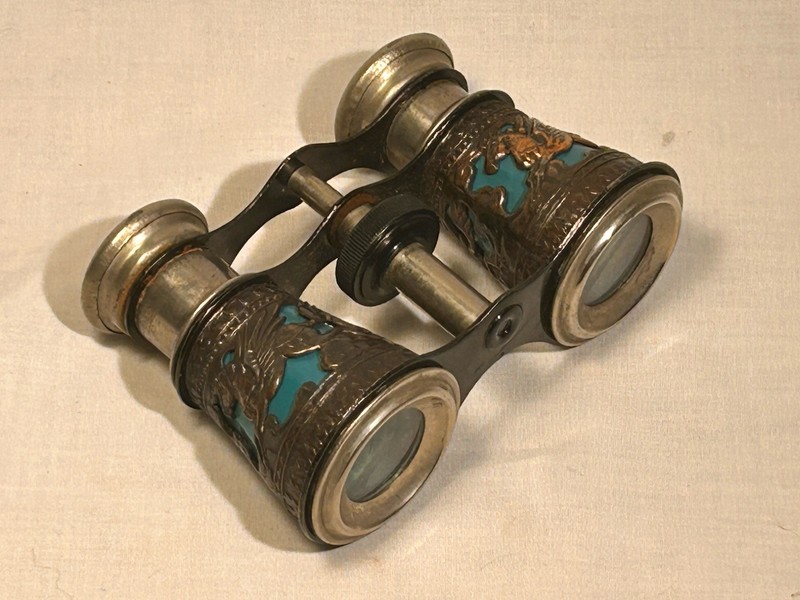Antique Opera Glasses Enamel & Copper Pegasus Scene