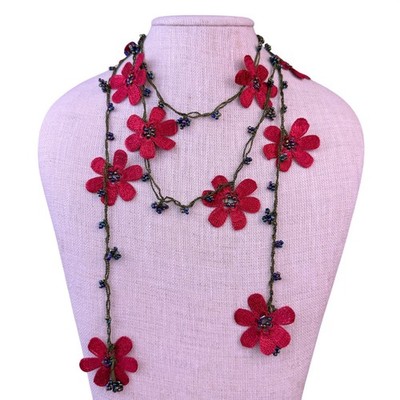 Handmade Womens Red Crochet Floral Necklace With Beads