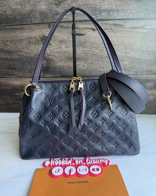 Authentic Louis Vuitton Ponthieu PM Navy Blue Empreinte Leather & Red Handbag