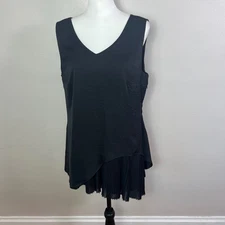 H by Halston Black Sleeveless V Neck Pleated Asymmetric Hem Top Size 12