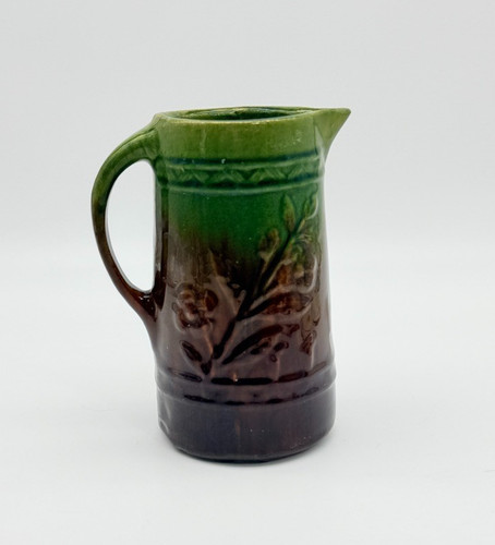 Vintage 7-1/2" Brown & Green Stoneware Pitcher Embossed Floral Farmhouse Pottery