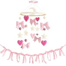 Teeloray Pink Bow Baby Crib Mobile with Pink Ribbon Bow Garland Banner Handm...