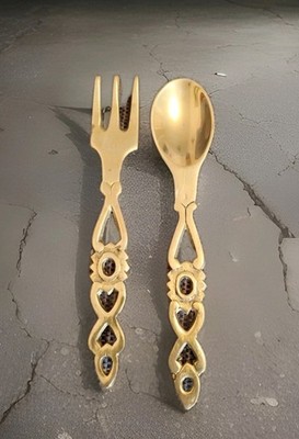 Vintage Messing Welsch Love Löffel und Gabel 16 cm Herzen Wales Wandbehang Kunst