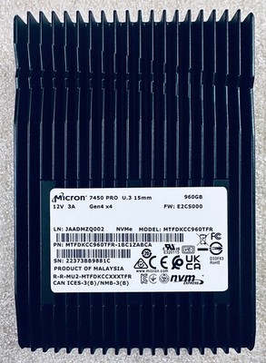Micron 7450 Pro U.3 Nvme SSD Gen4 960GB PCIe Micron MTFDKCC960TFR 98% Health