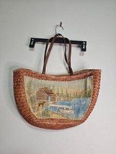 Vtg Cappelli Straworld straw handbag w/ hand embroidered Pond Scene cottage core