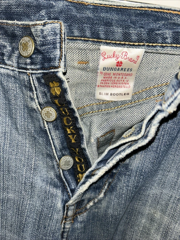 Vintage Lucky Brand Dungarees Jeans Mens 34x34 Blue Slim Bootleg Cut USA Made - Image 3 of 4