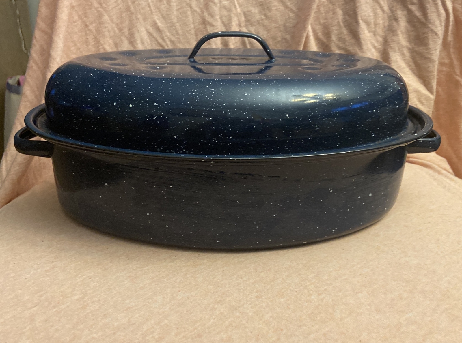 Roasting Pan BLUE Speckled Enamel Roaster w/ Lid USA 14 x 10” Granite