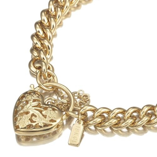 18K Yellow Gold GL Womens Solid Med Euro Curb Bracelet /Bangle & Heart 18cm - 第 1/6 張圖片