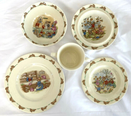 Set of 5 - Royal Doulton BUNNYKINS Plate/Bowl/ 2 Handle Mug - apple picking ++++ - Picture 1 of 9