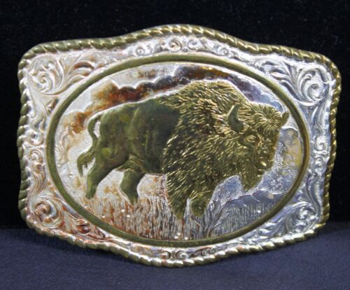 Vtg Crumrine Belt Buckle Buffalo Heavy Silverplate Bronze Western Cowboy Big 3.5