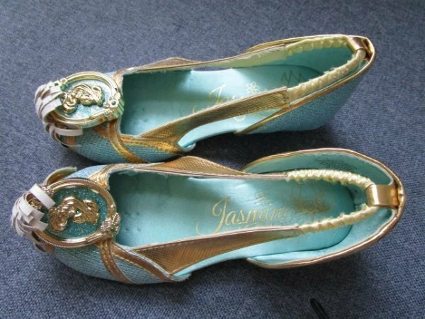 Disney Princess Jasmine Aladdin Girls Gold Teal Sparkle Shoes Size 11 12 EUC