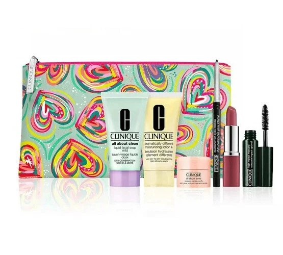 Macy's Clinique Bonus Fall 2022 rainbow heart bag 7 Piece Set Make Up Skin  Care