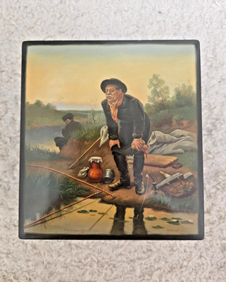 Vintage Fedoskino Lack Schmuckkästchen handbemalt Fischerszene 1962