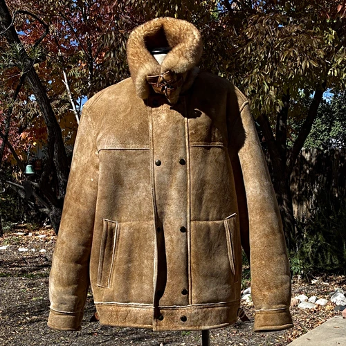 Overland Men's Brown Shearling Sheepskin Jacket Zip/Button Spread Collar 42 - product listing photo