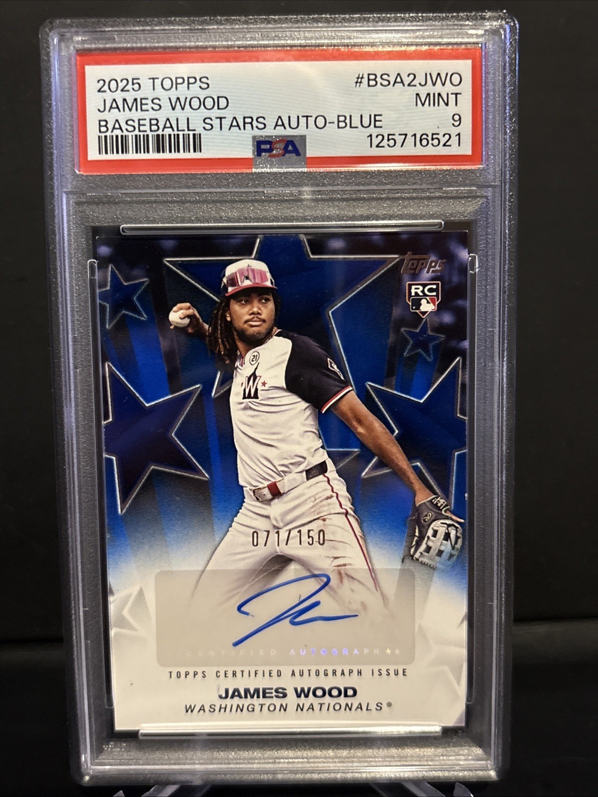 2025 Topps James Wood Baseball Stars Auto Blue /150 Rookie Card PSA 9