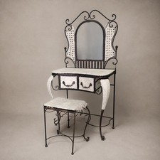 Unique Vintage Wrought Iron & Wicker Vanity Set Ornate Mirror & Stool Victorian