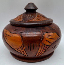 Wooden Trinket Bowl Hand Carved w/Lid 2 Tone 4.5" Round x 4.5" High