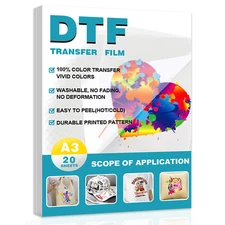 20 Sheets A3 DTF Transfer Film (11.7"X16.5") - Double-Sided Matte Transparent, P