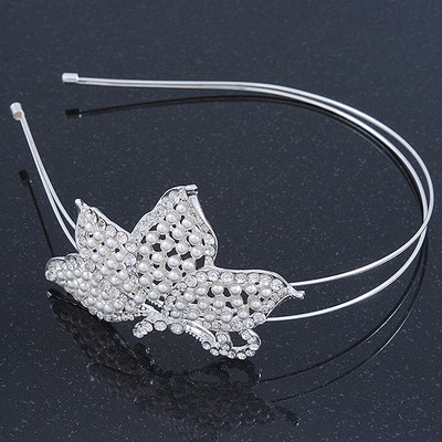 Braut/Hochzeit/Abschlussball rhodiniert weiße Kunstperlen, Kristall Schmetterling Diadem