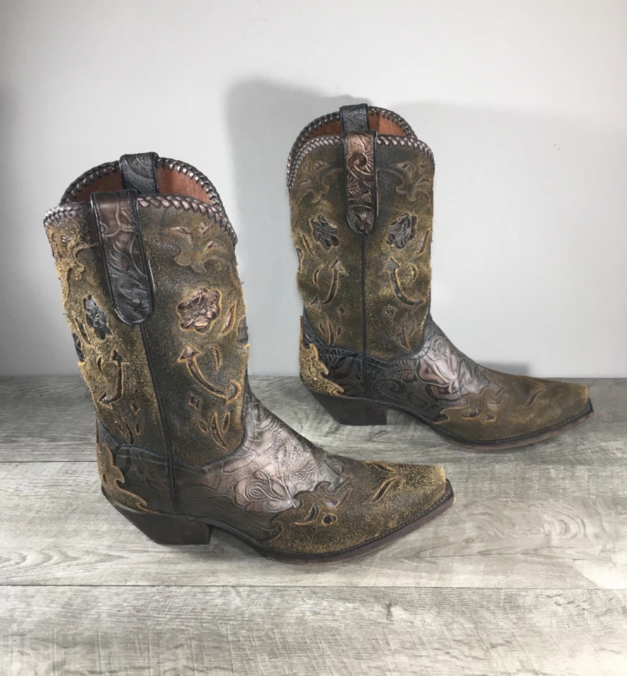 Womens Dan Post DP3626 Bronze Tooled Floral Leather Cowboy Western Boots 9.5 - Image 2 of 4
