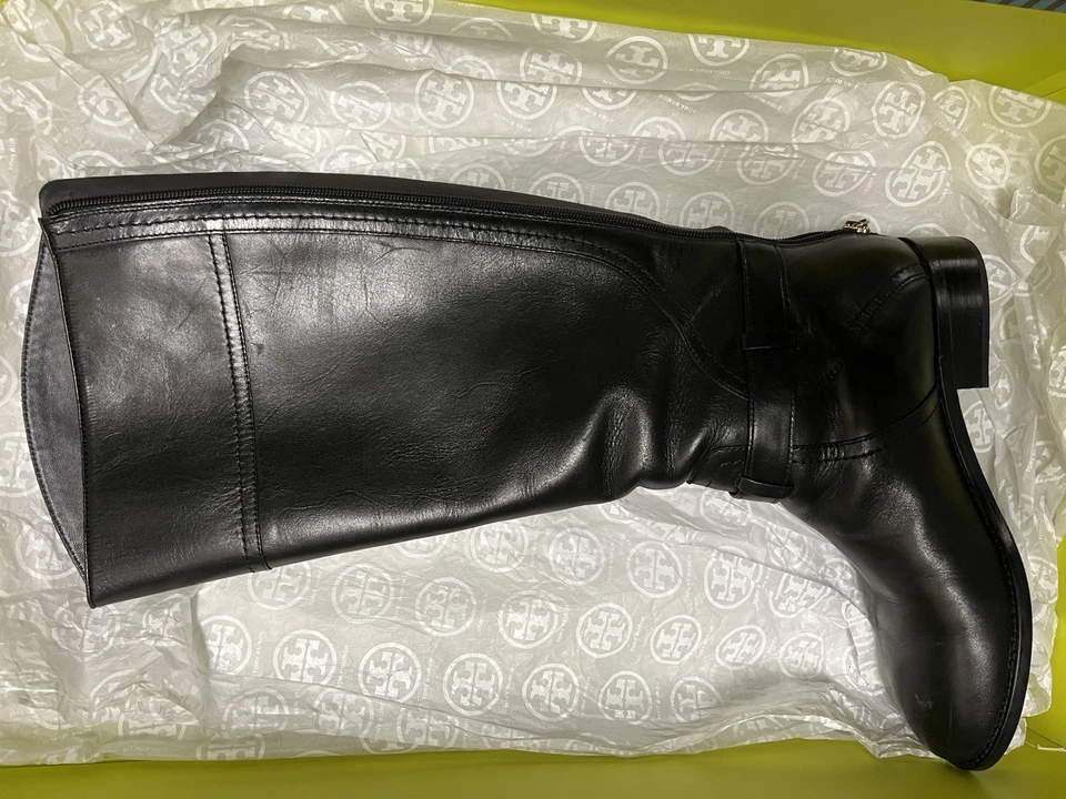 TORY BURCH ADELINE~ TALL RIDING BOOTS~ BLACK WITH GOLD~ TB LOGO HARDWARE 8M - Image 4 of 4