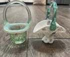 Fenton Art Glass Painted Green Opalescent Handled Basket Lot Floral Tulip TWO