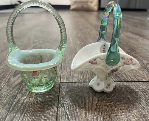 Fenton Art Glass Painted Green Opalescent Handled Basket Lot Floral Tulip TWO