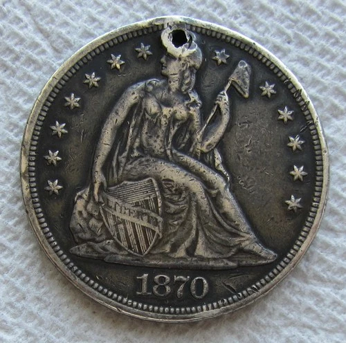 1870 Seated Liberty Silver Dollar Rare Key Date Type Coin XF / AU Detail Holed