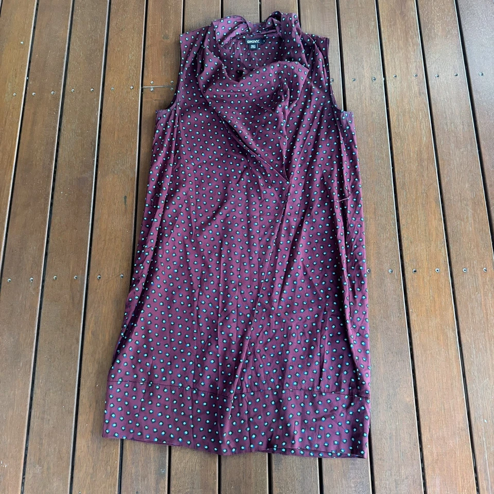 DKNY Size S Shift Dress Maroon Polka Dot Silk Blend Cowl Neck Cocktail Business - Image 3 of 4