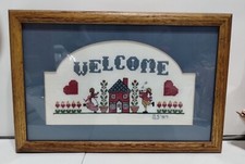 Vintage 1987 Counted Cross Stitch Sampler WELCOME Completed Framed Prim Country