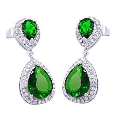 Emerald And White Topaz Sterling Silver Drop Dangle Earrings