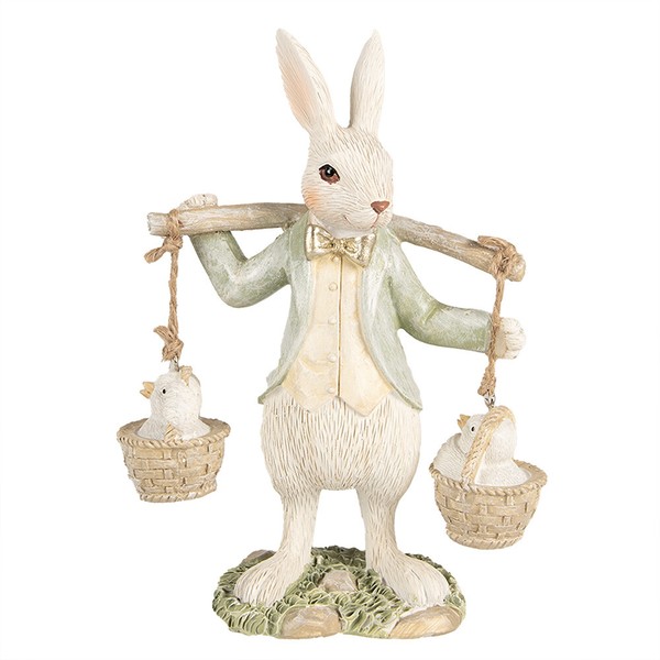 Clayre & Eef Figur Hase Kaninchen Mit KüKen 17 Cm Weiß/GrüN Polyresin Osterdeko-image