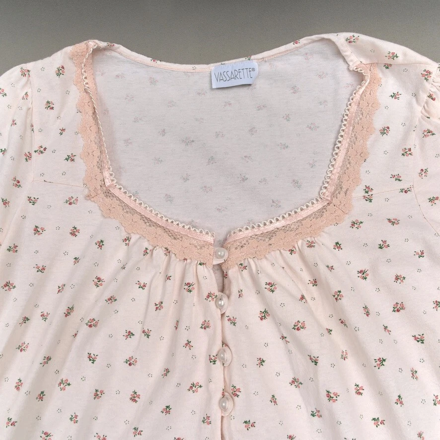 Vassarette Nightgown Women's Long Pink Peach Floral Knit Scoop Knit Long Sleeve - Image 4 of 4