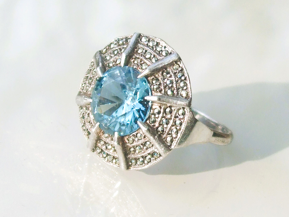 Bague Ancienne En Argent Sertie D'une Topaze Et De Marcassites - Bijou Vintage, Style Antique