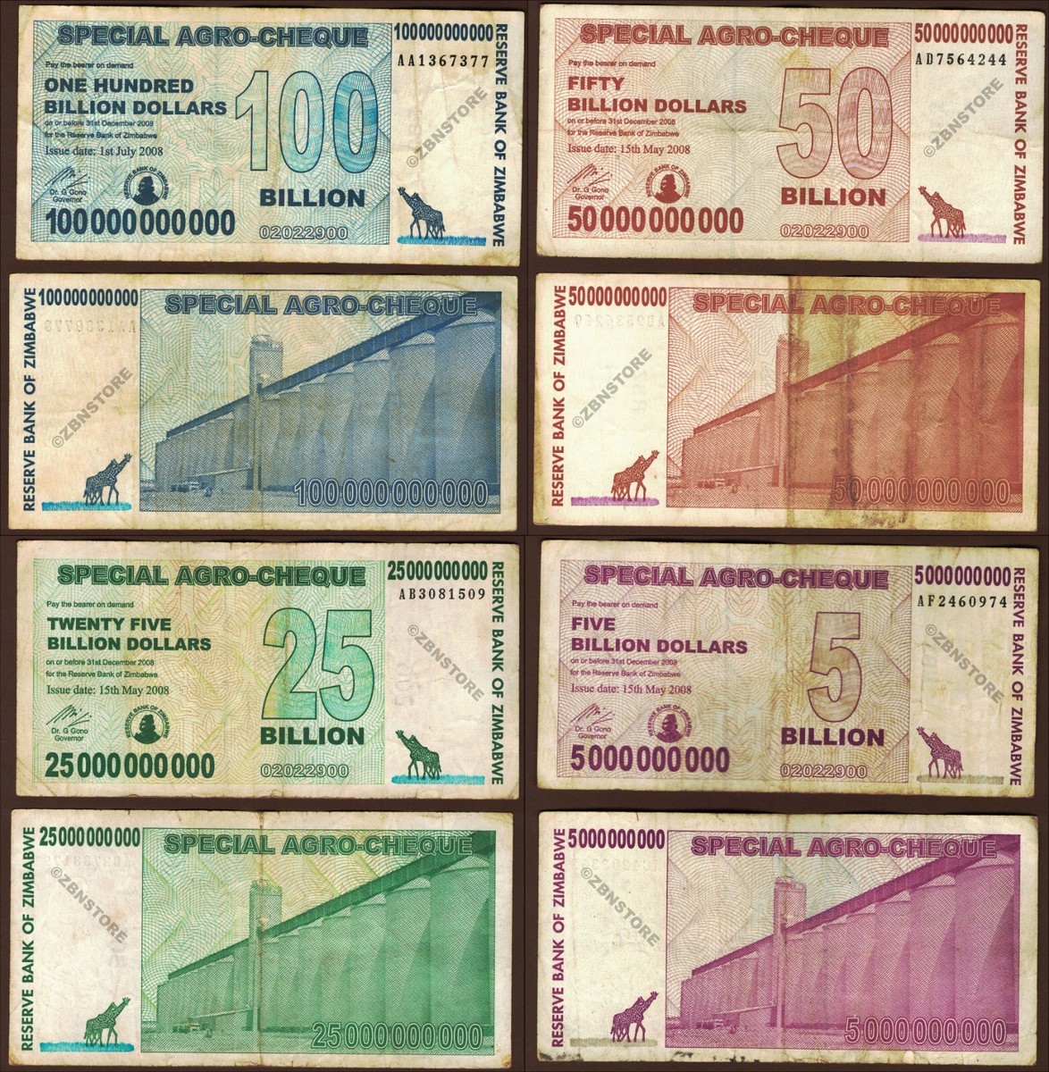 10 X 100 Billion Dollars Zimbabwe Special Agro Cheque 2008 Authentic COA