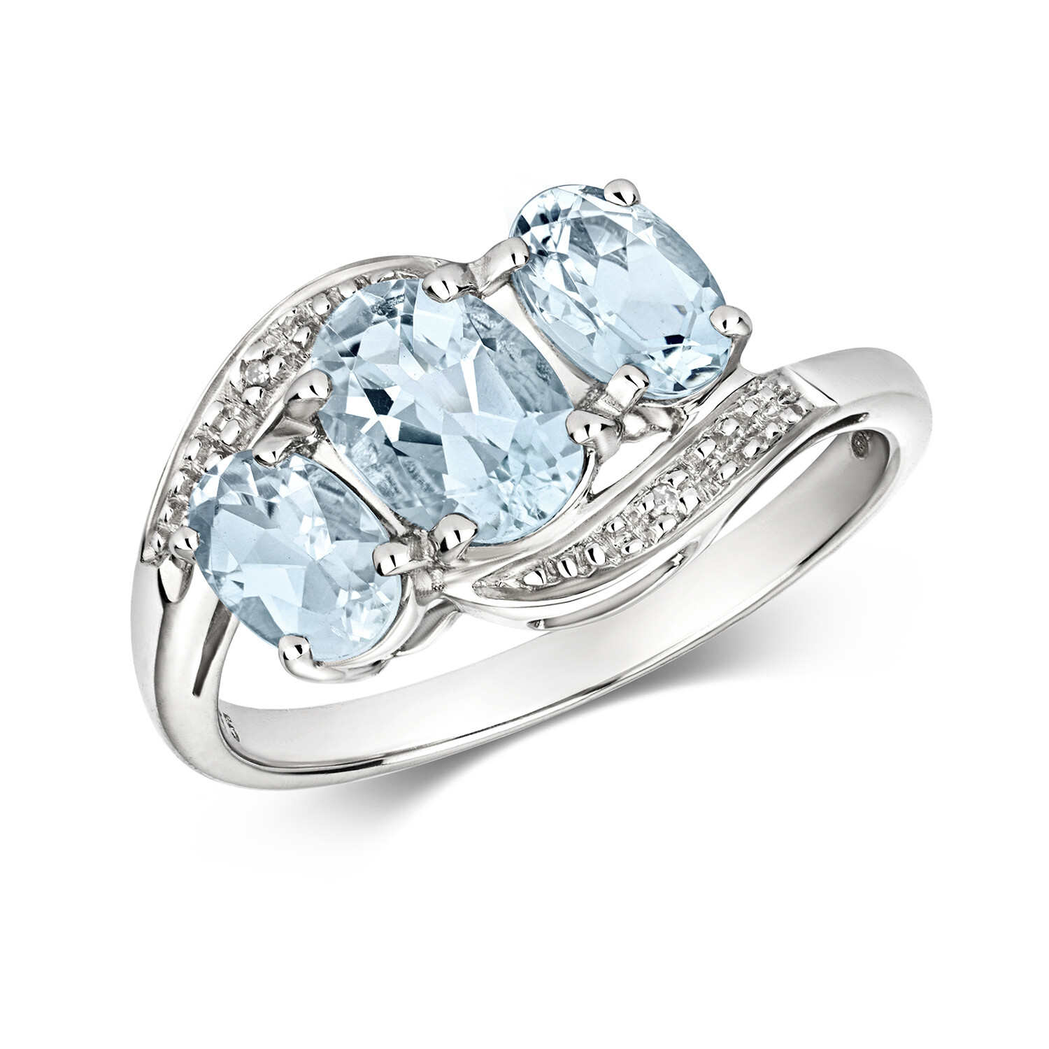 Bague or blanc 9 carats diamant et aigue-marine d'une elegance intemporelle