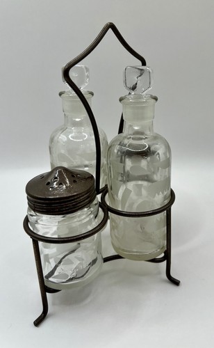 Cruet vintage set 5 pezzi sale pepe olio aceto incisione vetro cottage tavolo - Foto 5 di 10