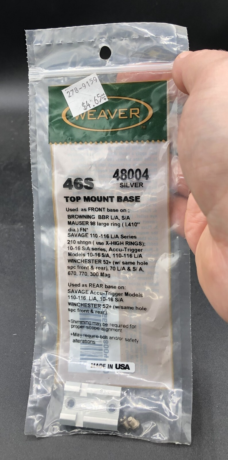 Weaver No 46S Top Mount Base Silver 48004 For Browning/Winchester
