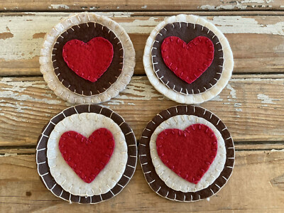 Vintage Coasters Felt Heart Decor Valentine Hand Sewn Set of 4 Red White Brown