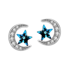 925 Sterling Silver 10mm Crescent Moon Star Blue CZ Crystal Stud Earrings I46