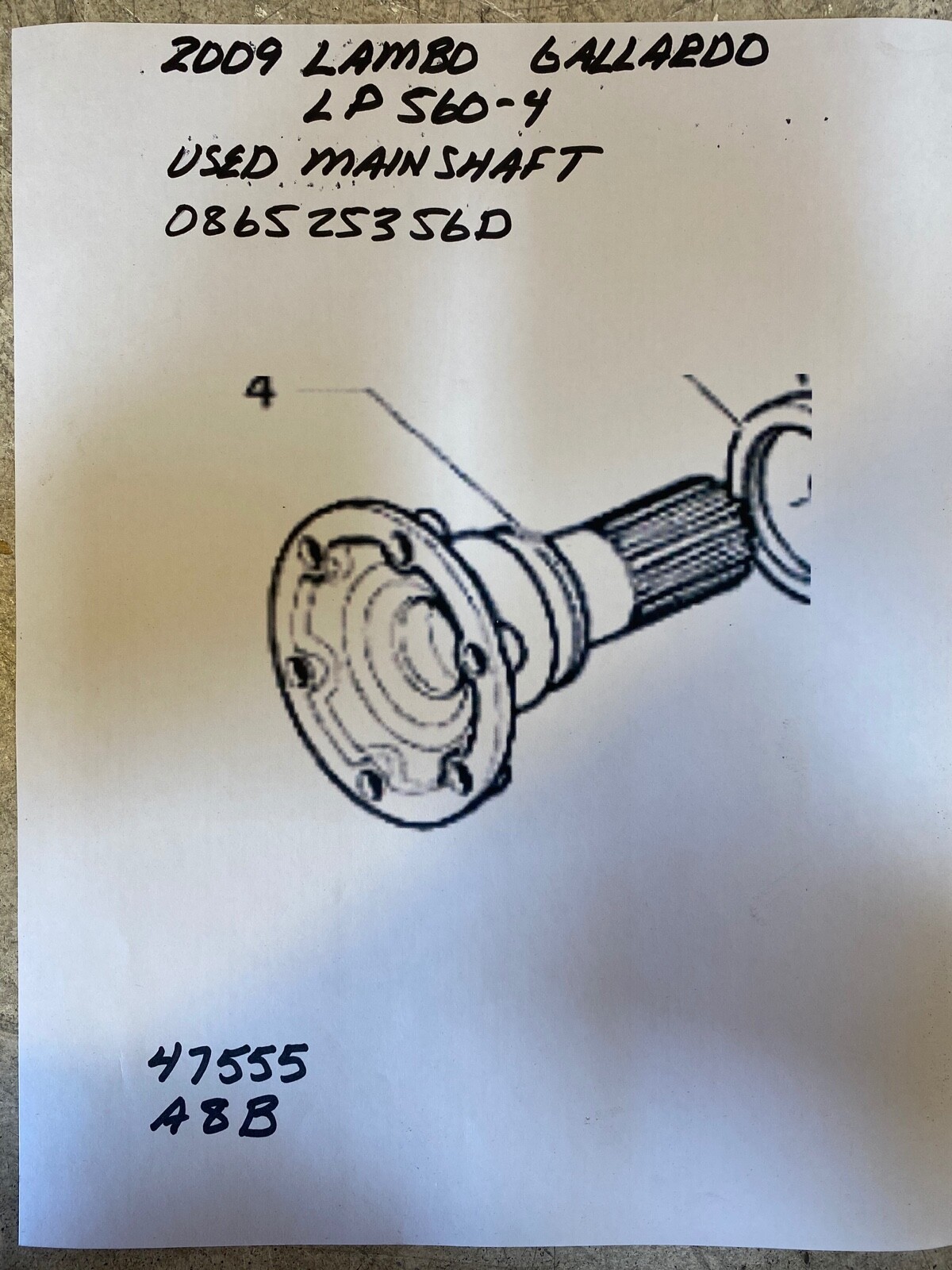 2009 Lamborghini Gallardo LP560-4 - Used Transmission Main Shaft - 086525356D