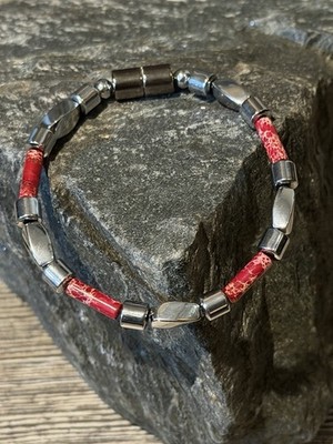 Magnetic Silver Hematite Bracelet Anklet Necklace w Red Sea Sediment Jasper 1Row