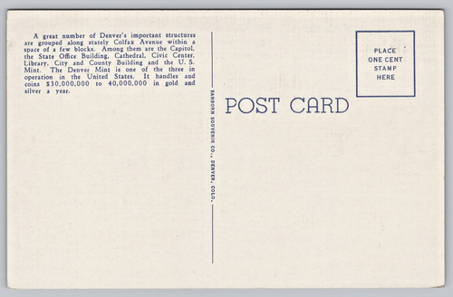 Postkarte Denver Colorado US Mint und Colfax Avenue Civic Center Capitol Church - Bild 2 von 2