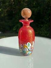 Murano Red w/ Gold Aventurine & Milliefiori Art Glass Bottle w/ Stopper - Signed