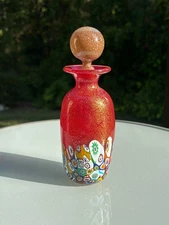 Murano Red w/ Gold Aventurine & Milliefiori Art Glass Bottle w/ Stopper - Signed