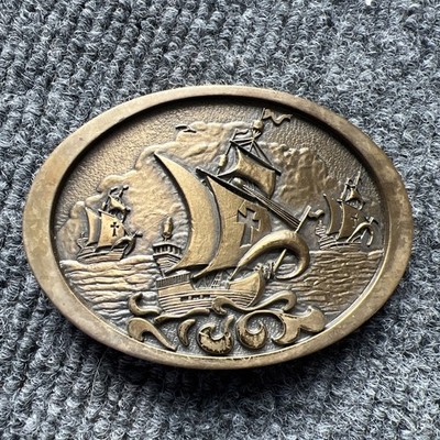 Vintage Columbus Sailing the Atlantic Jostens Belt Buckle Solid Brass RARE Q31