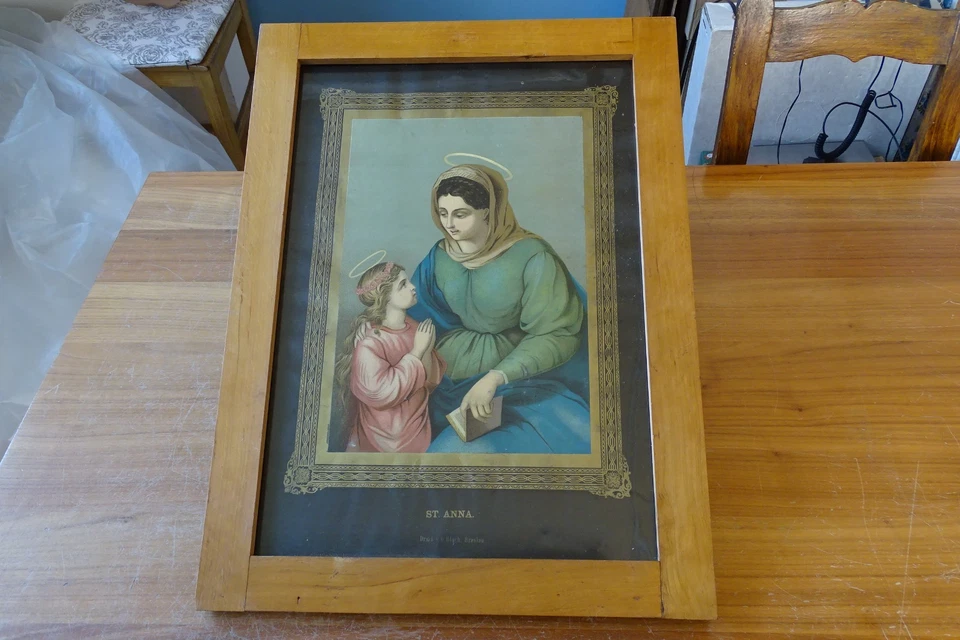 c.1895 HEILIGENBILD 59x44cm Hl. St. ANNA lehrt MARIA Druck von O. Bloch Breslau - Bild 2 von 4